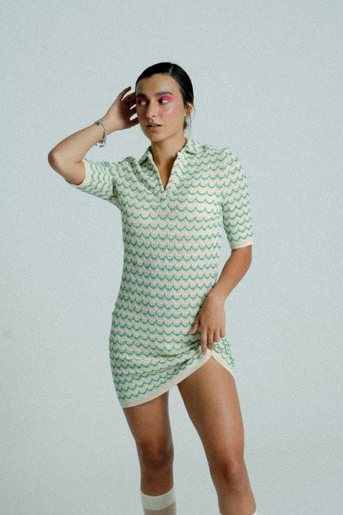 Lightweight Cotton Knit Tennis Dress – Short Sleeve Button-Up in Green
