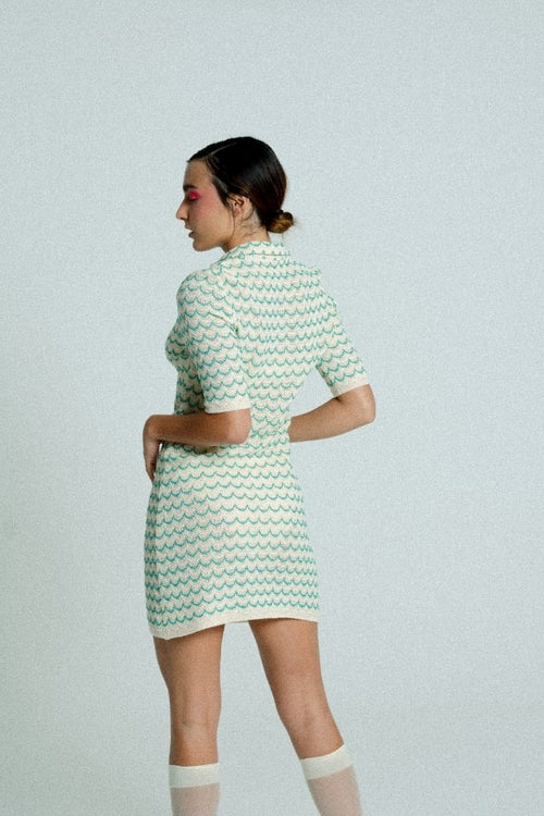 Lightweight Cotton Knit Tennis Dress – Short Sleeve Button-Up in Green