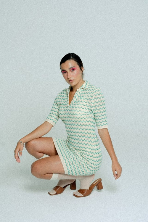 Lightweight Cotton Knit Tennis Dress – Short Sleeve Button-Up in Green
