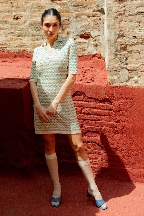 Lightweight Cotton Knit Tennis Dress – Short Sleeve Button-Up in Green