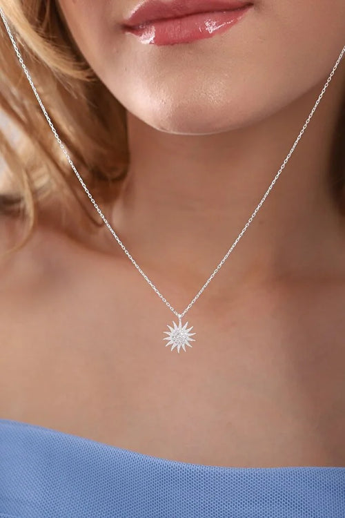925 Sterling Silver Sun Pendant Necklace with White Zircon – Elegant Celestial Jewelry