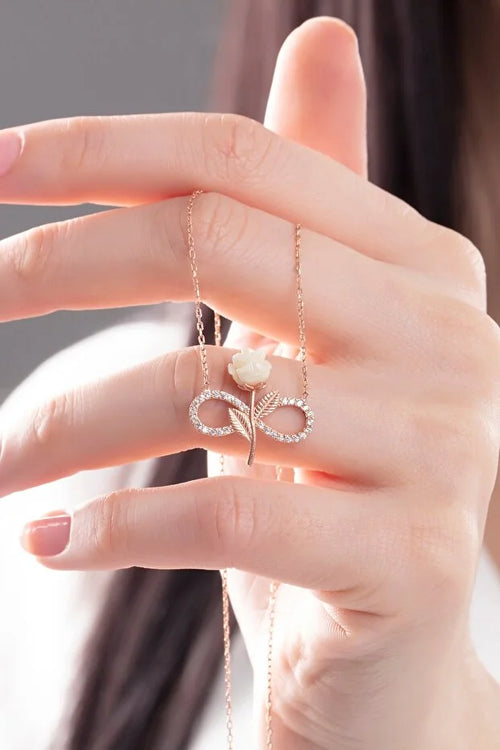 925 Sterling Silver Rose Gold Plated Infinity Necklace with White Rose & Zircon Stone