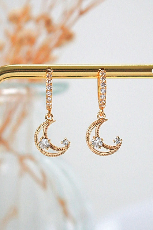 24K Gold Plated Moon Hoop Earrings with Cubic Zirconia – Dainty Celestial Jewelry