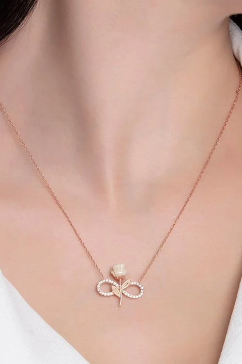 925 Sterling Silver Rose Gold Plated Infinity Necklace with White Rose & Zircon Stone