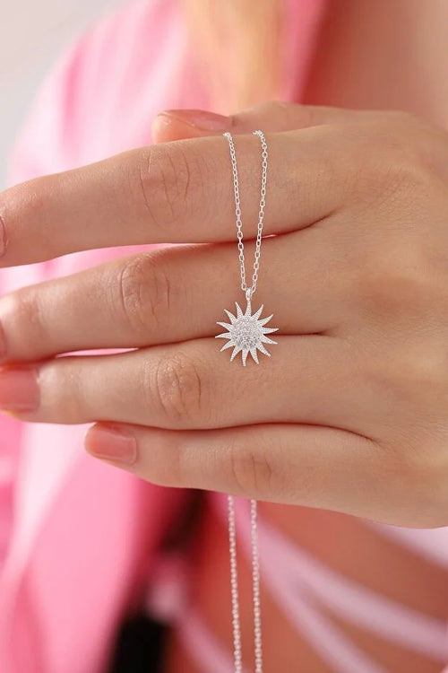 925 Sterling Silver Sun Pendant Necklace with White Zircon – Elegant Celestial Jewelry