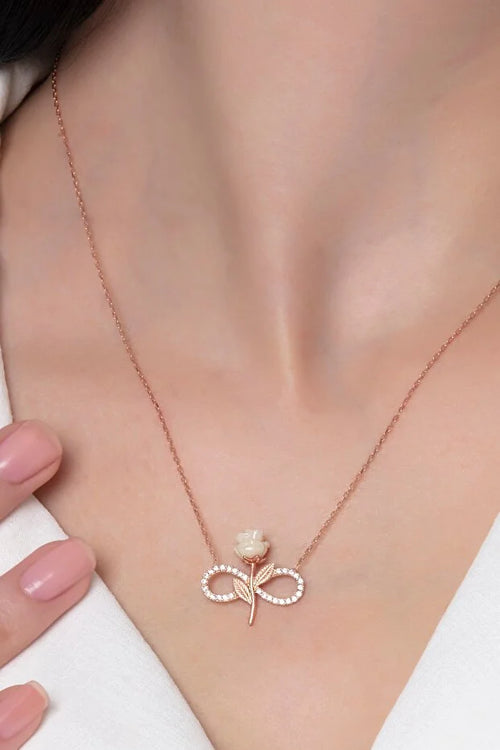 925 Sterling Silver Rose Gold Plated Infinity Necklace with White Rose & Zircon Stone