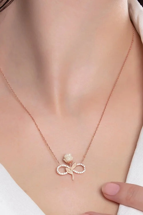 925 Sterling Silver Rose Gold Plated Infinity Necklace with White Rose & Zircon Stone