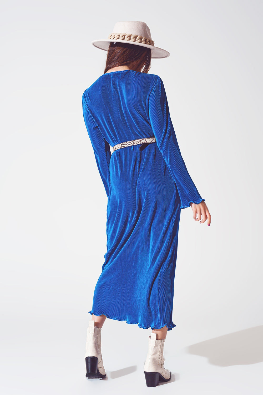 Satin Wrap Detail Pleated Dress in Blue