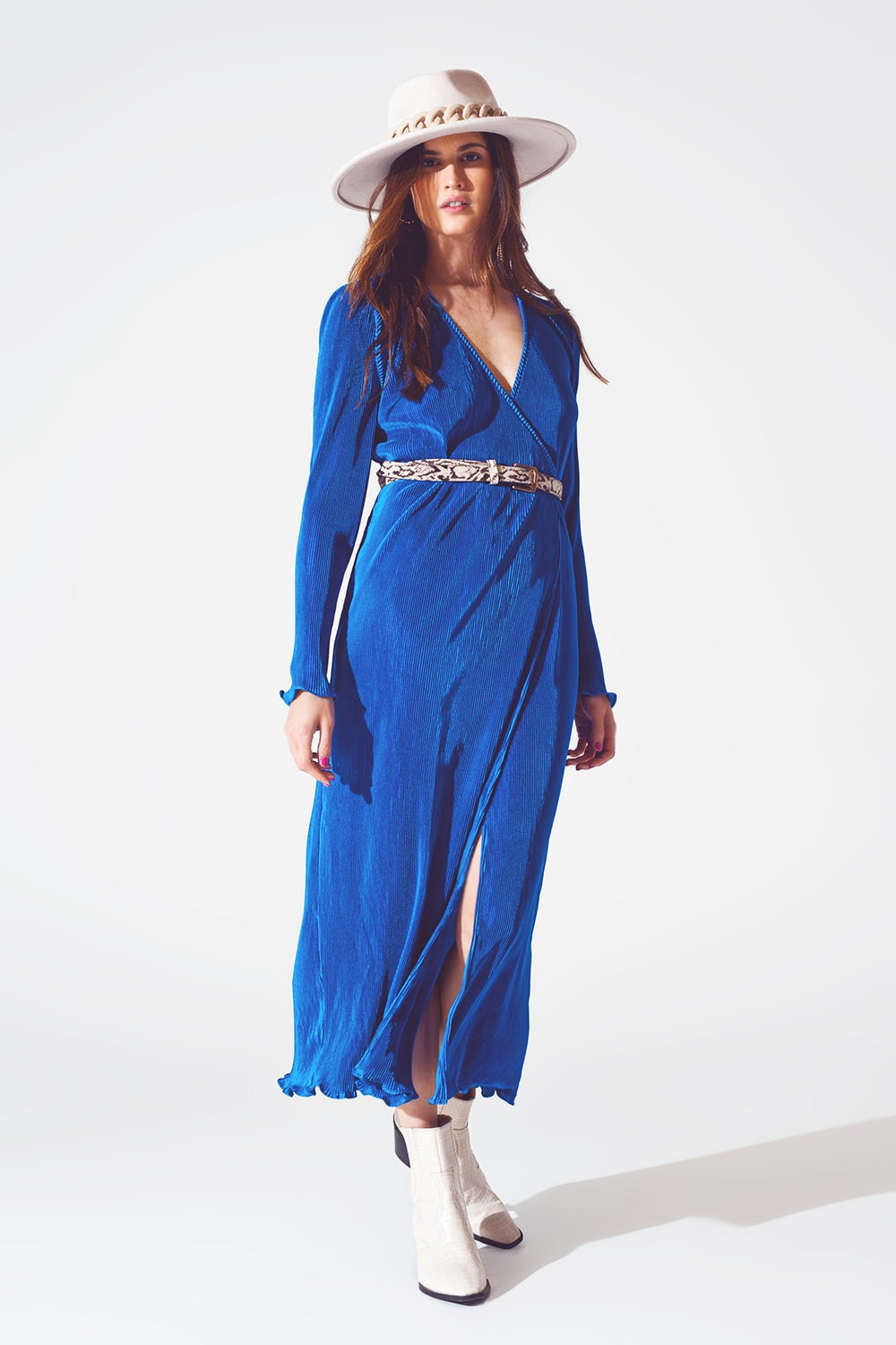Satin Wrap Detail Pleated Dress in Blue